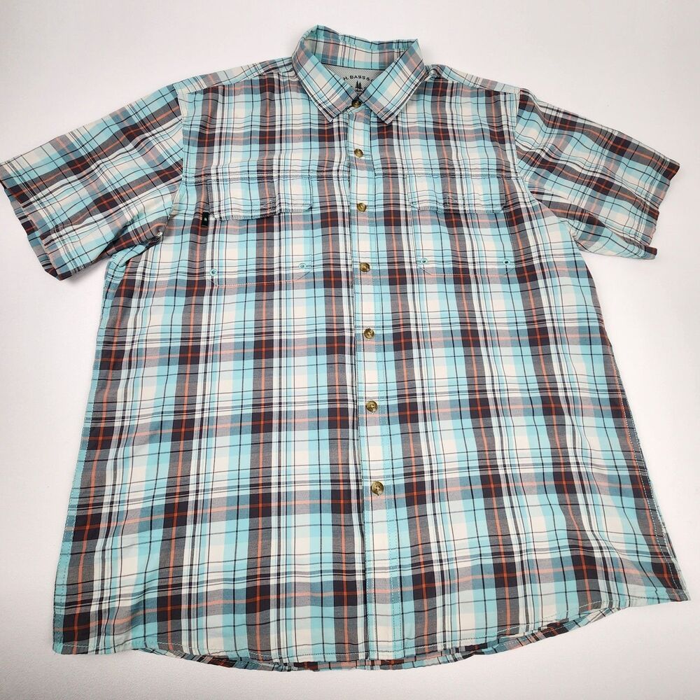 GH Bass & Co Mens XL Plaid Fishing Shirt Blue Short Sleeve Vented Performance